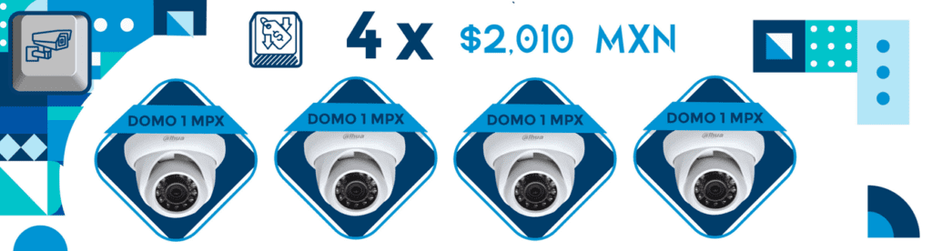 Se muestra atractivo banner promocional de Teknya de 4 cámaras marca Dahua tipo domo de 1 mpx por tan sólo $2,010 MXN.